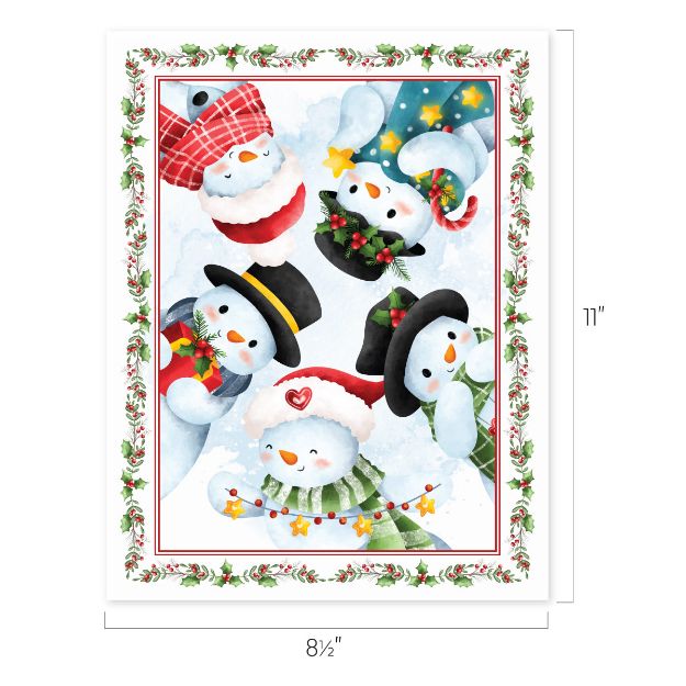 Illustration of six cheerful snowmen wearing festive hats, scarves, and holiday decorations, arranged in a circle on a snowy background with a holly and berry border. Card dimensions are 8.5 by 11 inches.