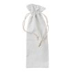A plain white drawstring pouch made of fabric, closed at the top with two knotted cords, lying flat on a white background.