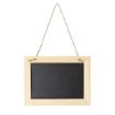 A blank black chalkboard with a light wooden frame, hanging from a piece of brown twine against a white background.