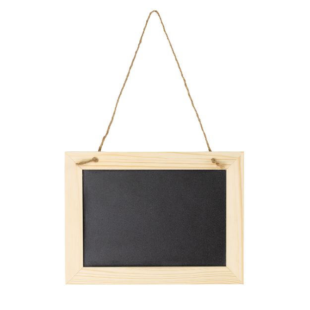 A blank black chalkboard with a light wooden frame, hanging from a piece of brown twine against a white background.