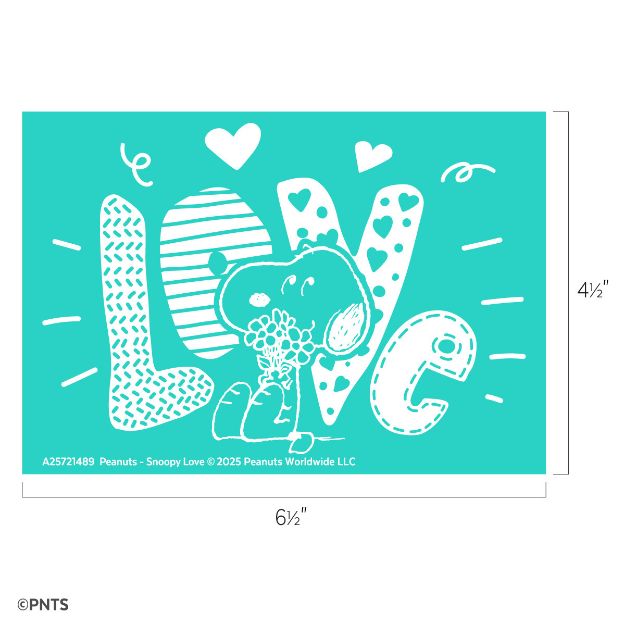A turquoise graphic features the word "LOVE" with Snoopy holding flowers inside the letter "O," surrounded by hearts and decorative lines. Dimensions are 6½ inches wide by 4½ inches tall.