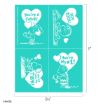 Four teal rectangles feature Peanuts characters with white outlines and Valentine’s messages: "You’re A Catch!", "You Rock!", "You’re Just My Type!", and "You’re My #1!", along with heart shapes and measuring lines.
