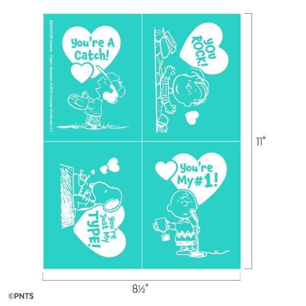 Four teal rectangles feature Peanuts characters with white outlines and Valentine’s messages: "You’re A Catch!", "You Rock!", "You’re Just My Type!", and "You’re My #1!", along with heart shapes and measuring lines.