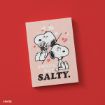 A card on a red background shows two Snoopy illustrations: one cheerful, holding flowers, the other looking grumpy. Text below reads, "SWEET, BUT SALTY." Pink and white hearts and stars decorate the card.