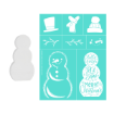 A blank wooden snowman shape sits next to a turquoise stencil sheet with snowman parts: hat, scarf, hat with pom-pom, arms, face, buttons, and festive phrases like "Hello Winter" and "Merry Christmas.
