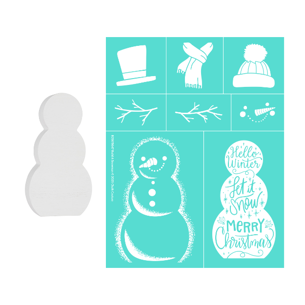 A blank wooden snowman shape sits next to a turquoise stencil sheet with snowman parts: hat, scarf, hat with pom-pom, arms, face, buttons, and festive phrases like "Hello Winter" and "Merry Christmas.