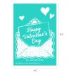 A teal card with an open envelope containing a note that reads "Happy Valentine's Day." There are three white hearts above the envelope and "P.S. YOU ARE LOVED" is written below. Card dimensions are 6.5 by 4.5 inches.