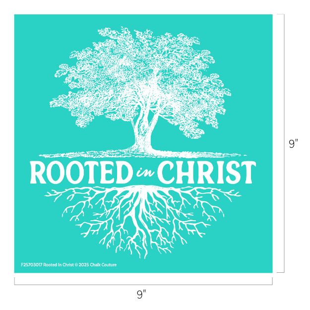 White illustration of a tree with exposed roots and the words “Rooted in Christ” in bold letters on a teal square background. The design measures 9 inches by 9 inches.