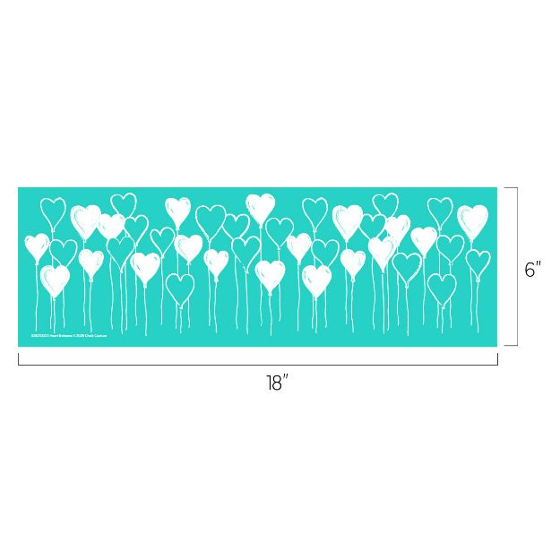 A teal rectangular graphic, 18 inches wide by 6 inches tall, displays clusters of white, heart-shaped balloons with thin strings, arranged in rows across the surface.