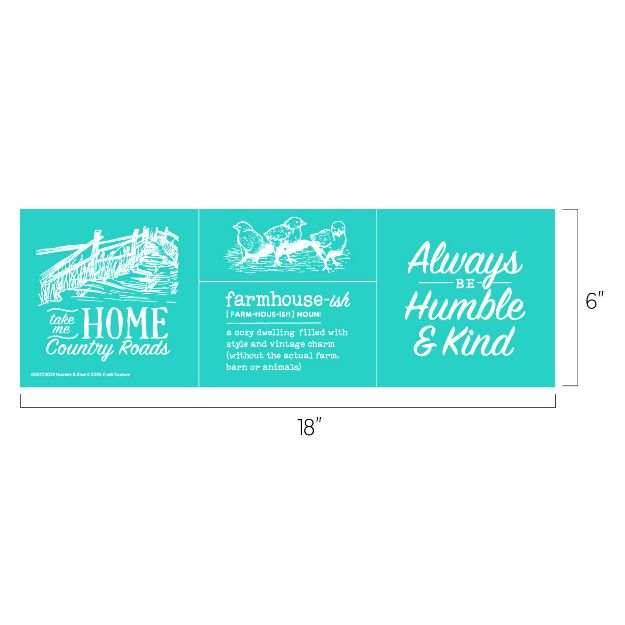 A turquoise wall art print, 18" wide by 6" tall, with white sketches and text: a barn scene with "Take Me Home Country Roads," chickens with a farmhouse definition, and "Always Be Humble & Kind.