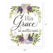A floral wreath with purple, white, and green flowers surrounds the words "His Grace is sufficient." The image is sized 8½ inches wide by 11 inches tall.