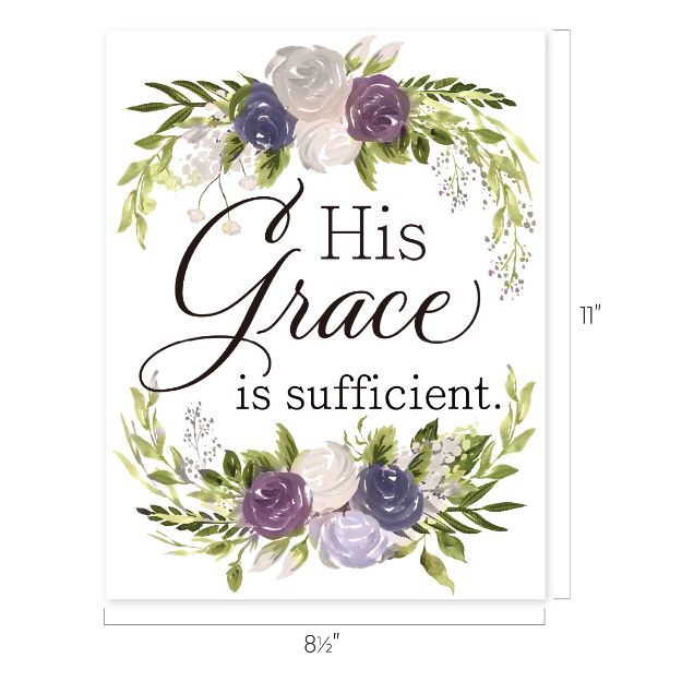 A floral wreath with purple, white, and green flowers surrounds the words "His Grace is sufficient." The image is sized 8½ inches wide by 11 inches tall.