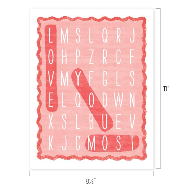 A pink word search with the word "LOVE" highlighted vertically in red. The puzzle is bordered with a wavy red line and measures 8.5 inches wide by 11 inches tall.