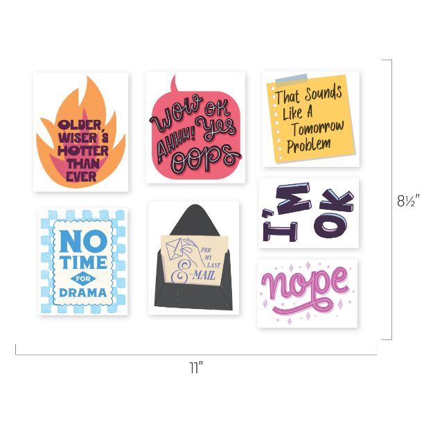 A collection of eight colorful stickers, each with different phrases and designs, arranged in two rows against a white background. Dimensions are 11 inches wide by 8.5 inches tall.