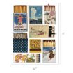 A collage of vintage matchboxes, some open to reveal matches, featuring colorful illustrations including a skier, a circus elephant, botanicals, a dragon, and travel posters. Image dimensions: 8½" x 11".
