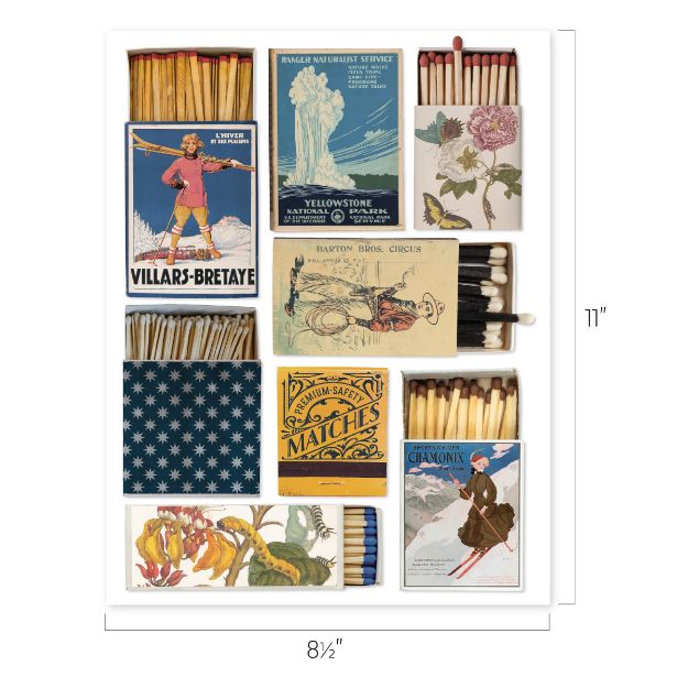 A collage of vintage matchboxes, some open to reveal matches, featuring colorful illustrations including a skier, a circus elephant, botanicals, a dragon, and travel posters. Image dimensions: 8½" x 11".