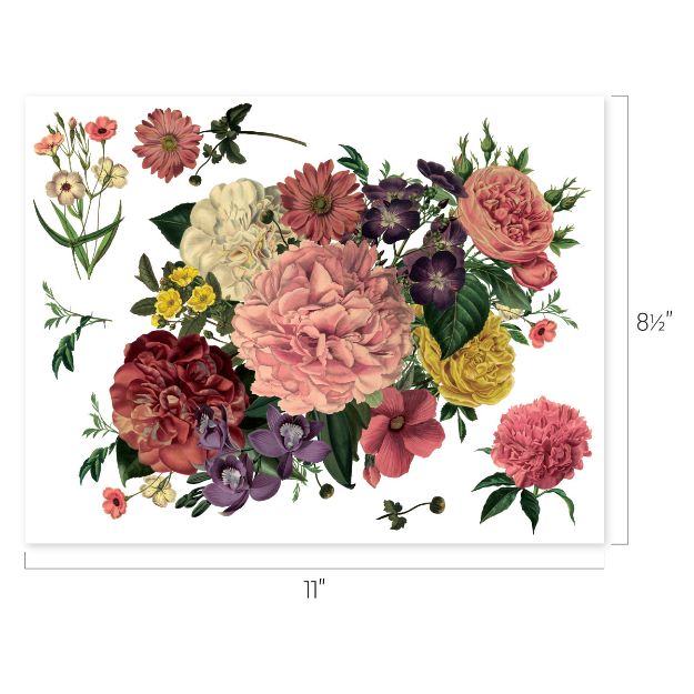 A cluster of colorful vintage-style flowers and leaves, including peonies, roses, violets, and wildflowers, arranged on a white background. The image measures 11 inches wide by 8.5 inches tall.