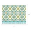 A rectangular tile design measuring 11 by 8.5 inches, featuring a repeating pattern of teal, yellow, and green ornate geometric shapes, with a decorative border along the bottom.