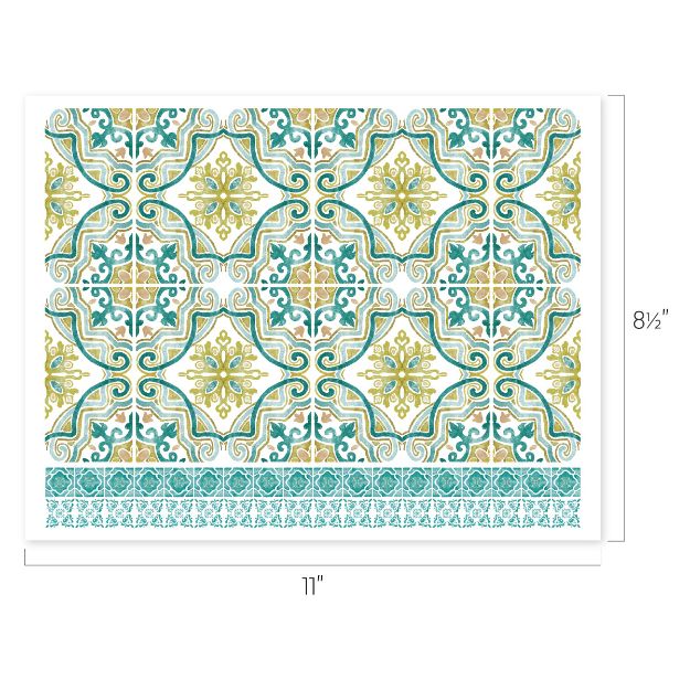 A rectangular tile design measuring 11 by 8.5 inches, featuring a repeating pattern of teal, yellow, and green ornate geometric shapes, with a decorative border along the bottom.