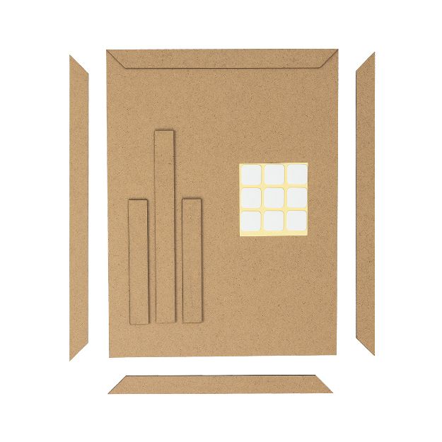 Brown cardboard pieces and foam adhesive squares are arranged neatly on a white background, likely as components for assembling or packaging an item.