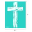 A turquoise rectangle features a large, white, rustic-style cross with a woodgrain texture. Dimensions are 11 inches tall by 8.5 inches wide. Text in the corner reads “B37501448 Rustic Cross © 2023 Chalk Couture.”.