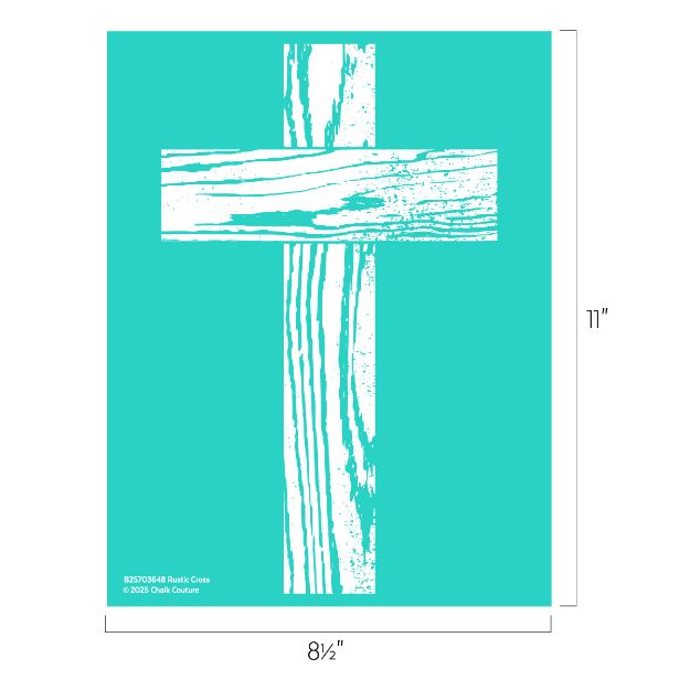 A turquoise rectangle features a large, white, rustic-style cross with a woodgrain texture. Dimensions are 11 inches tall by 8.5 inches wide. Text in the corner reads “B37501448 Rustic Cross © 2023 Chalk Couture.”.