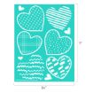 A teal sheet with six white heart shapes in various sizes and patterns, including dots, stripes, crosses, and plaid, along with three small, white textured lines at the bottom. Dimensions are 8.5 inches by 11 inches.