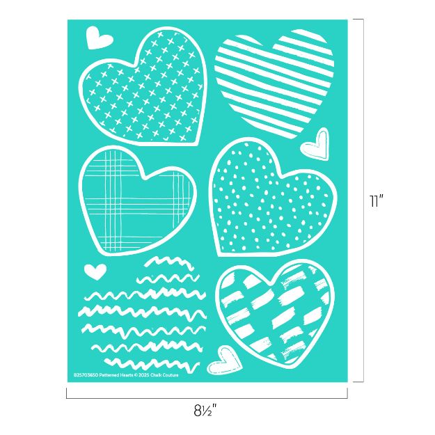 A teal sheet with six white heart shapes in various sizes and patterns, including dots, stripes, crosses, and plaid, along with three small, white textured lines at the bottom. Dimensions are 8.5 inches by 11 inches.