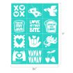 A turquoise stencil sheet with sixteen white love-themed designs, including hearts, mugs, a dove, phrases like "LOVE AT FIRST BITE," hands making heart shapes, an angel, and cherries with heart-shaped fruits.