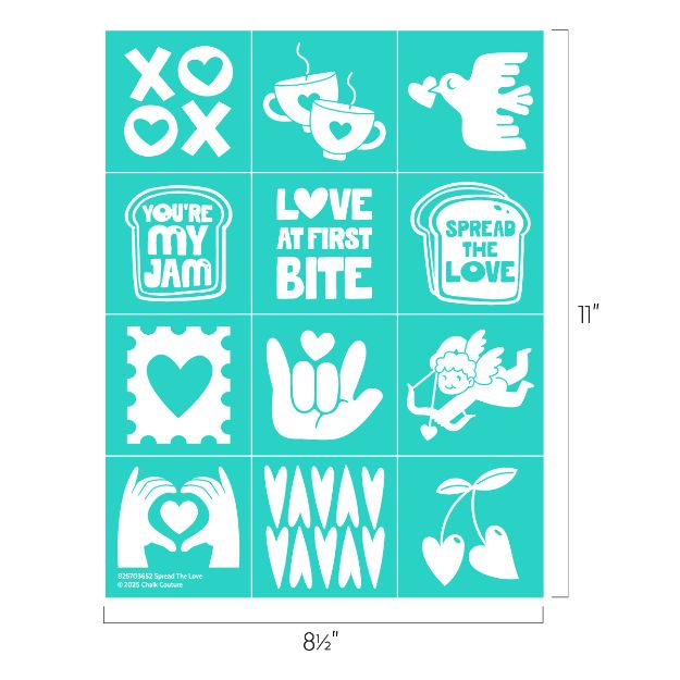 A turquoise stencil sheet with sixteen white love-themed designs, including hearts, mugs, a dove, phrases like "LOVE AT FIRST BITE," hands making heart shapes, an angel, and cherries with heart-shaped fruits.