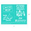 A teal graphic with white line drawings and text: a butter stick labeled "Butter me up," penne pasta with "Penne for your thoughts," a garlic bulb with "Take off your cloves," and "Oh biscuits!.