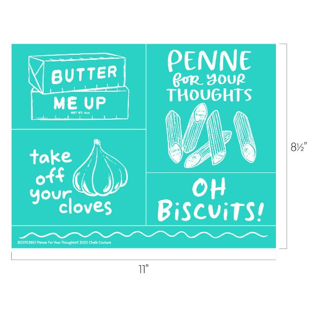 A teal graphic with white line drawings and text: a butter stick labeled "Butter me up," penne pasta with "Penne for your thoughts," a garlic bulb with "Take off your cloves," and "Oh biscuits!.