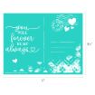 A teal postcard design with white text reading "You will forever be my always," heart illustrations, a faux postage stamp, and blank lines for writing. The postcard measures 11 by 8.5 inches.