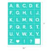 A teal stencil sheet with 26 white uppercase letters, a heart, an exclamation mark, a question mark, and a blank square, each in a grid with a small number in the bottom right corner of each letter.