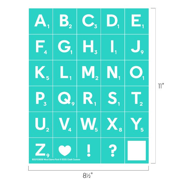 A teal stencil sheet with 26 white uppercase letters, a heart, an exclamation mark, a question mark, and a blank square, each in a grid with a small number in the bottom right corner of each letter.