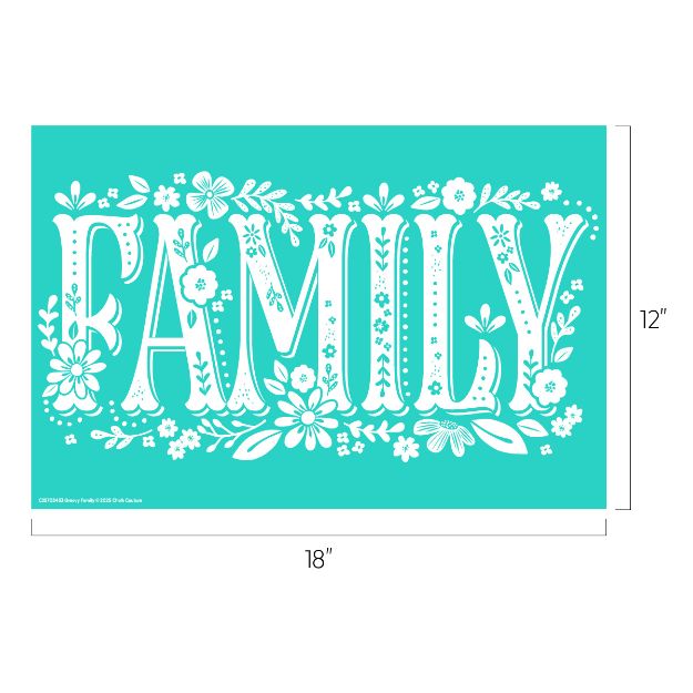 A turquoise rectangle with the word "FAMILY" in large white decorative letters surrounded by floral designs. Dimensions are shown as 18 inches wide by 12 inches tall.