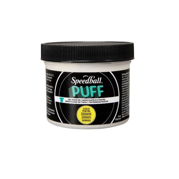 A container of Speedball Puff Ink Modifier with a black screw-on lid and a black label featuring teal and yellow accents. The label includes usage information and product branding.