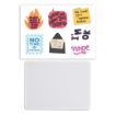 A sheet with six colorful stickers featuring phrases: "OLDER, WISER & HOTTER THAN EVER," "Wow eh AWW OOPS," "That sounds like a tomorrow problem," "NO TIME FOR DRAMA," "I'm OK," and "nope." An empty white mat is below.