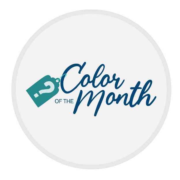 A circular logo featuring a teal tag with a white question mark, next to the words "Color of the Month" in blue script on a light gray background.