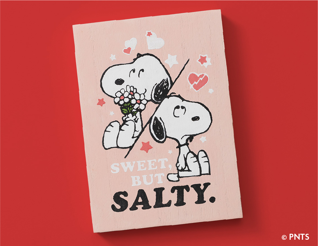 A card features Snoopy holding flowers above the words "SWEET, BUT SALTY." Below, Snoopy sits with a grumpy face. The background is pink with hearts, set on a red surface. © PNTS.