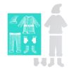 Flat-lay image showing white cutouts of a hat, shirt, pants, mittens, socks, and boots, next to a turquoise card with white illustrations of the same winter clothing pieces.