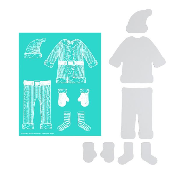 Flat-lay image showing white cutouts of a hat, shirt, pants, mittens, socks, and boots, next to a turquoise card with white illustrations of the same winter clothing pieces.