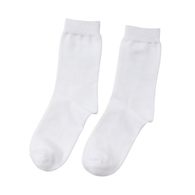 A pair of plain white crew socks, laid flat side by side on a white background.