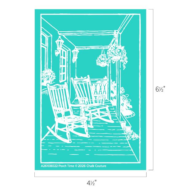 Teal and white illustration of a cozy porch with two rocking chairs, hanging flower baskets, a bench with a pillow, and outdoor lanterns. Dimensions are 6½" by 4½".