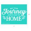 A teal rectangular sign with the words "May your journey always lead you home" in white, decorative fonts, framed by small white leaf illustrations. Dimensions are 11 inches wide by 8.5 inches tall.