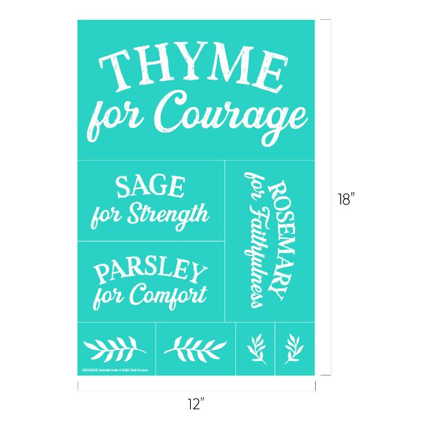 A teal poster with white text reads: "THYME for Courage, SAGE for Strength, PARSLEY for Comfort, ROSEMARY for Faithfulness," with simple illustrations of herb sprigs and dimensions 12" x 18".