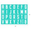 A turquoise stencil sheet with white uppercase letters A to Z, an exclamation mark, a colon, and an ampersand, arranged in a 4-row grid. The sheet measures 24 inches wide by 18 inches tall.