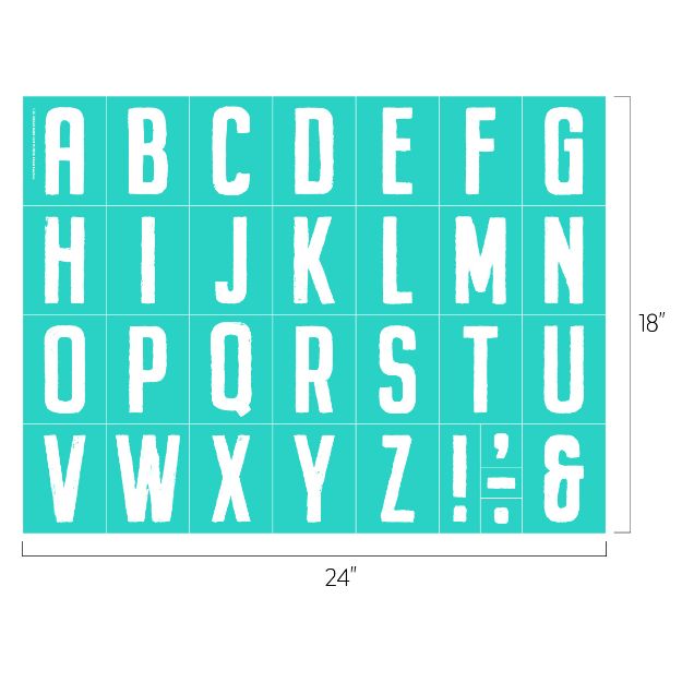 A turquoise stencil sheet with white uppercase letters A to Z, an exclamation mark, a colon, and an ampersand, arranged in a 4-row grid. The sheet measures 24 inches wide by 18 inches tall.