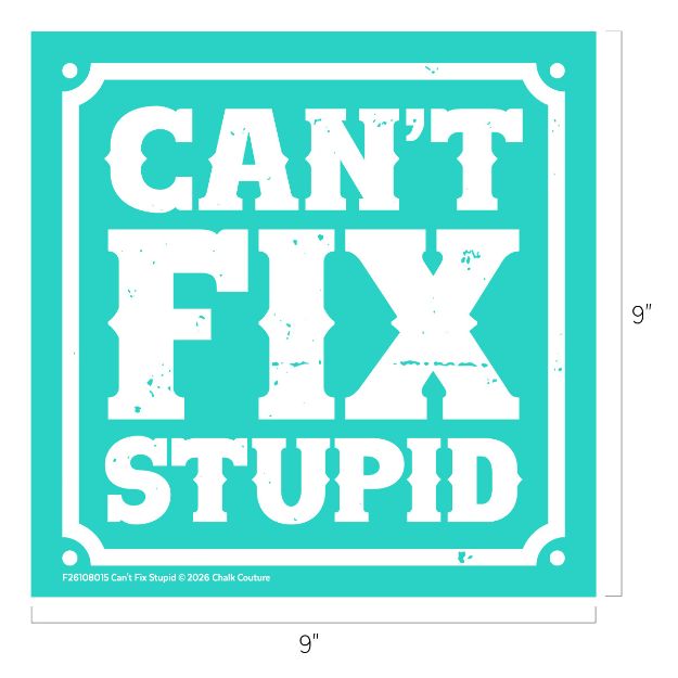 A turquoise square sign with distressed white text that reads "CAN'T FIX STUPID." The sign measures 9 inches by 9 inches and has a decorative border with rounded corners.