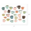 Illustration of 20 colorful mugs and teacups with various patterns, displayed in rows on a white background. Dimensions of the print are 11 inches wide by 8.5 inches tall.